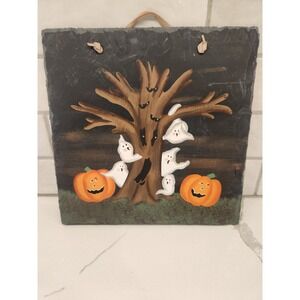 Hand-painted Slate Rock Halloween Scene Jack O‎ Lantern Ghost Spooky Tree Hanger